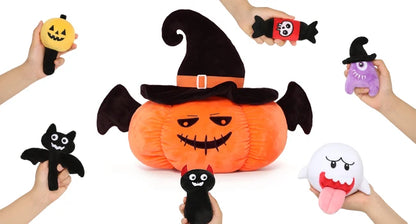 7Pcs Halloween Pumpkin Plush Toy, 21 Inch Big Pumpkin Stuffed Animal with Glow-in-Dark Small Plush Dolls Inside Pumpkin Bucket