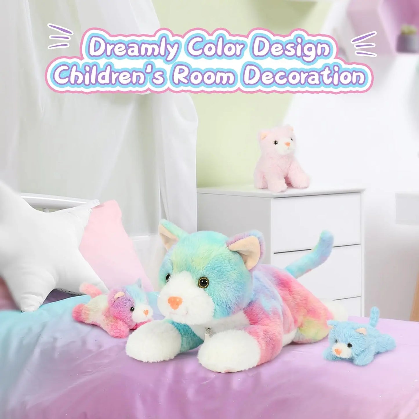 4 Piece Cats Stuffed Animals,  Cute Rainbow Mom and Baby Stuffed Cats for Kids Girls Boys Gift for Valentines Birthday