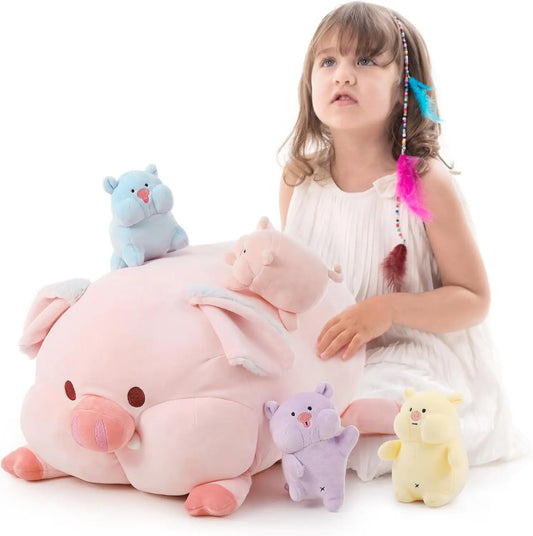 5 Pcs Pig Stuffed Animal with Babies, 19.6 inch Soft Cuddly Pig Plush Toy Set for Kids