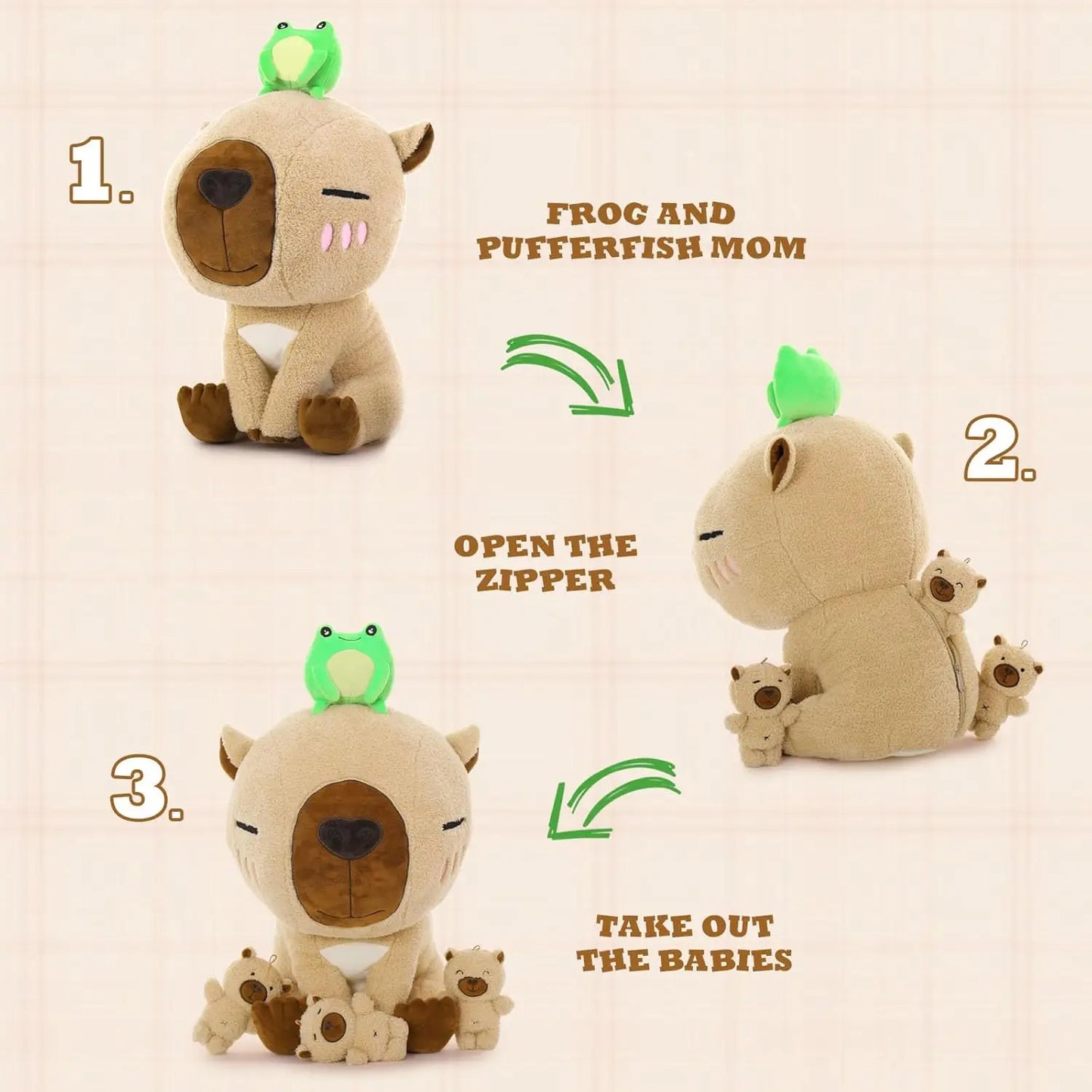 Capybara Stuffed Animal, 21.6'' Big Mommy Capybara Plush Toy with 3 Baby Stuffed Capybara 1 Frog Plush Toy