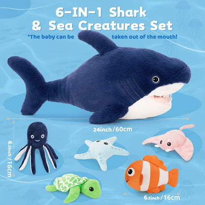 6pcs Shark Plush Toy Set - Navy Blue, Soft Polyester Stuffed Sea Creatures for Youngsters