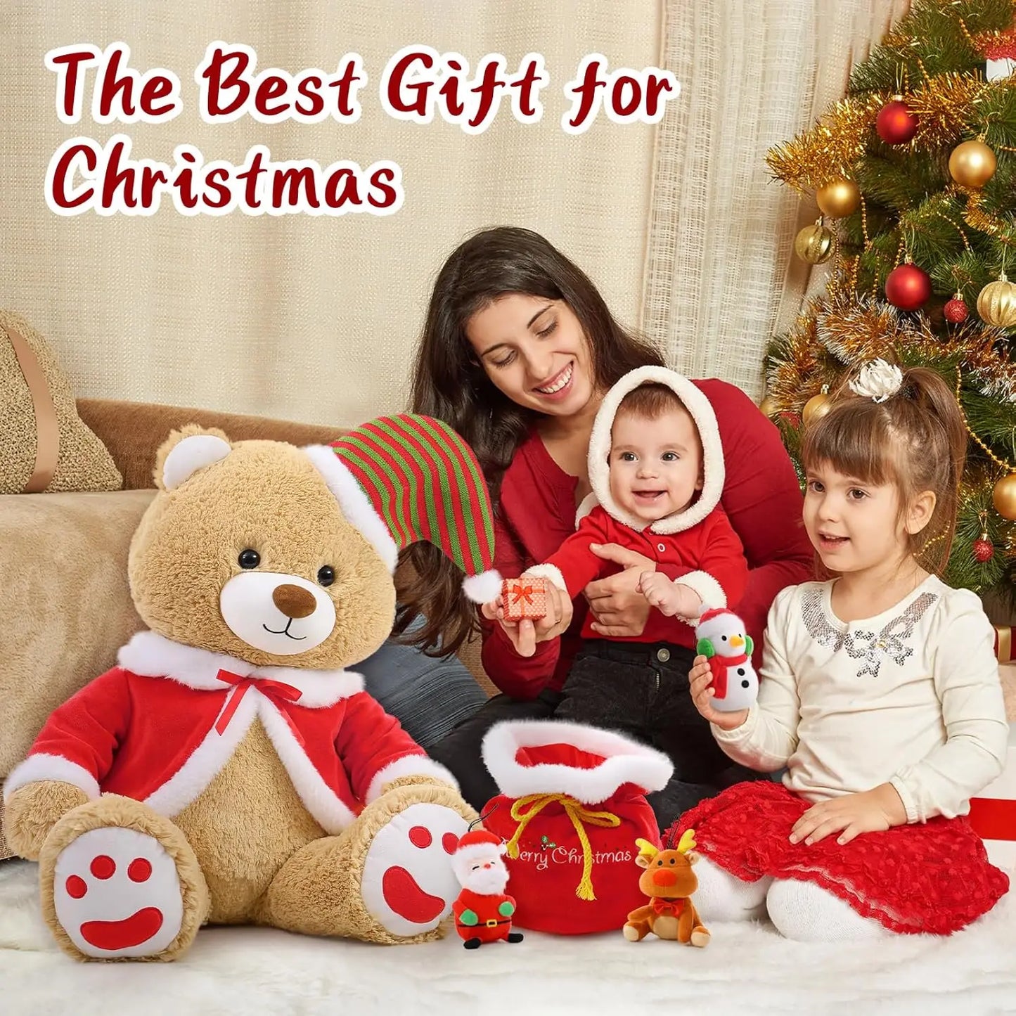 Christmas Teddy Bear Stuffed Animal Santa Claus Snowman Elk Stuffed Soft Plush Toys, 24"(Red Coat, Hat)