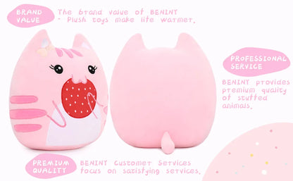 Soft Stuffed Animals Throw Pillow, Kawaii Pink Kitty Cat Eats Strawberry Cartoon Plush Toy Hugging Pillow, Great Gift for Kids