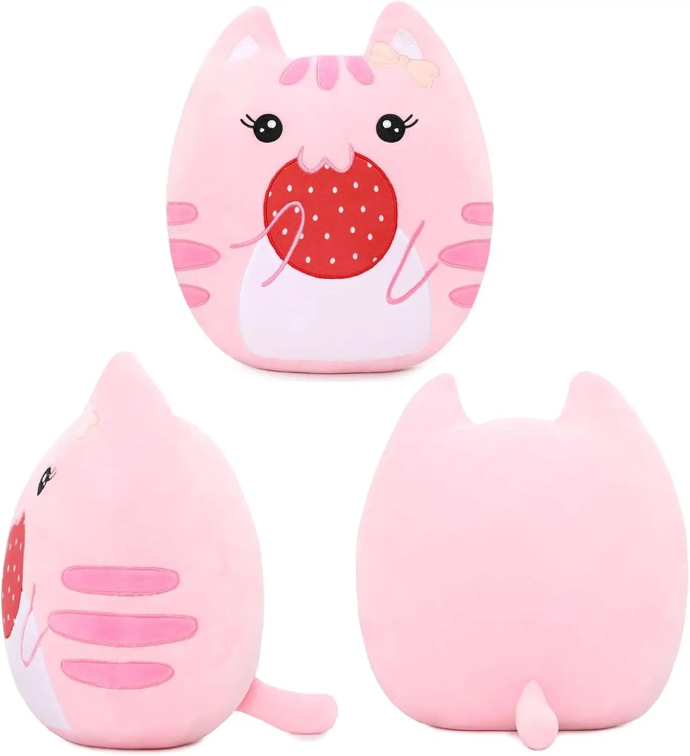 Soft Stuffed Animals Throw Pillow, Kawaii Pink Kitty Cat Eats Strawberry Cartoon Plush Toy Hugging Pillow, Great Gift for Kids