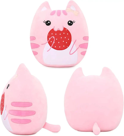 Soft Stuffed Animals Throw Pillow, Kawaii Pink Kitty Cat Eats Strawberry Cartoon Plush Toy Hugging Pillow, Great Gift for Kids