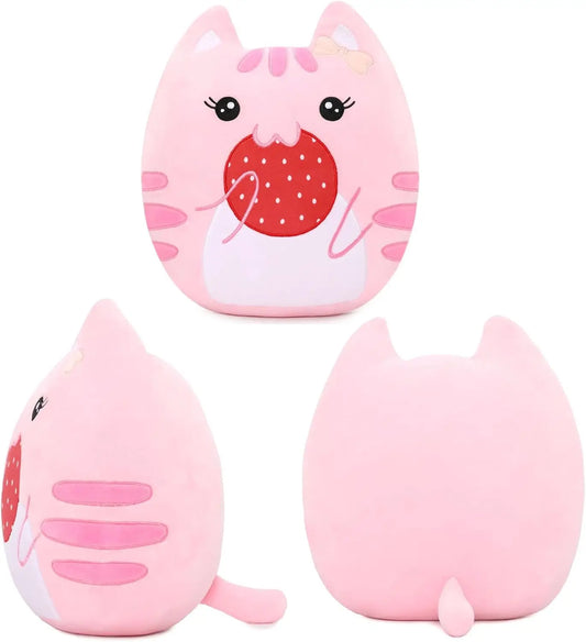 Soft Stuffed Animals Throw Pillow, Kawaii Pink Kitty Cat Eats Strawberry Cartoon Plush Toy Hugging Pillow, Great Gift for Kids