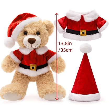 Christmas Teddy Bear Stuffed Animal - 13.8 inch Light Brown Polyester Fiber Plush Bear with Santa Outfit, Gift for Ages 3+