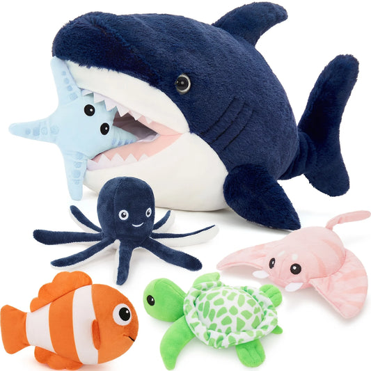 6pcs Shark Plush Toy Set - Navy Blue, Soft Polyester Stuffed Sea Creatures for Youngsters