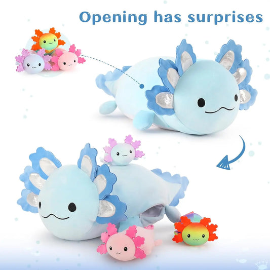 Giant Axolotl Plush with 3 Baby Axolotl Inside - 23.5" Soft Stuffed Animal Throw Pillow - Blue
