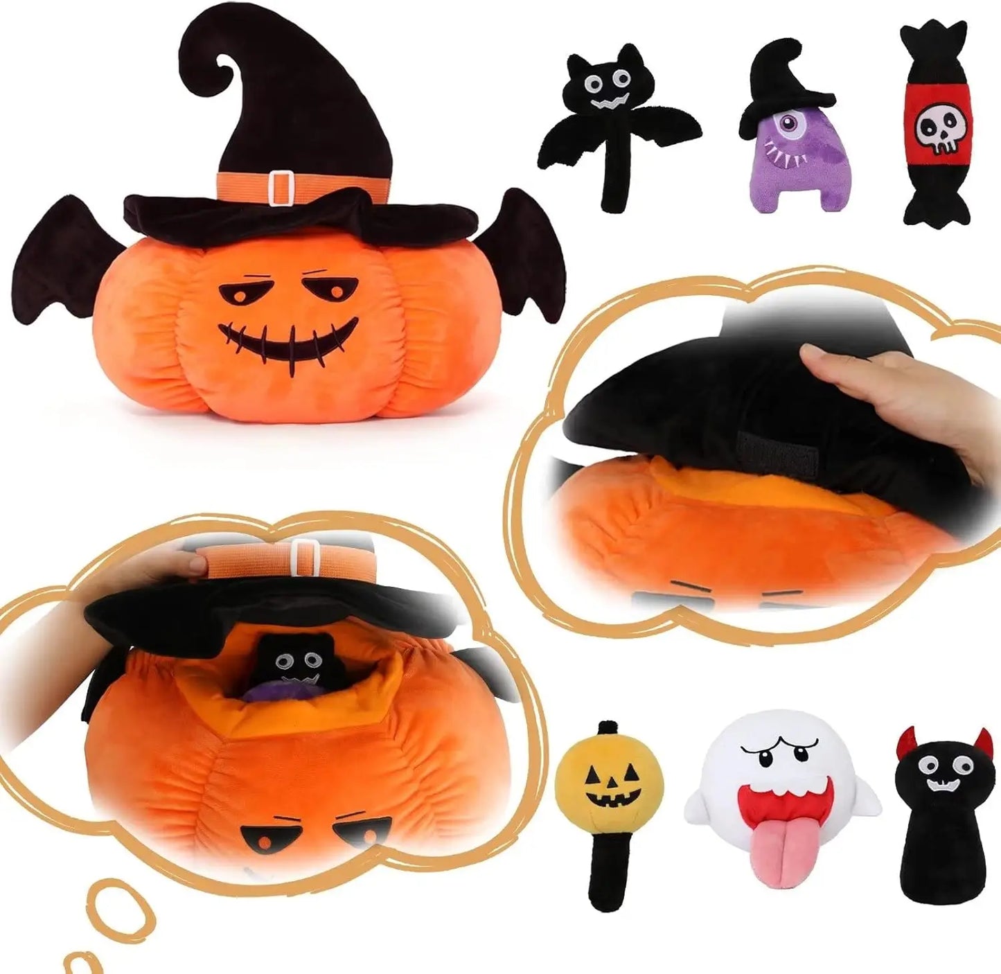 7Pcs Halloween Pumpkin Plush Toy, 21 Inch Big Pumpkin Stuffed Animal with Glow-in-Dark Small Plush Dolls Inside Pumpkin Bucket