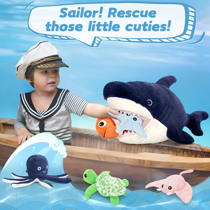 6pcs Shark Plush Toy Set - Navy Blue, Soft Polyester Stuffed Sea Creatures for Youngsters