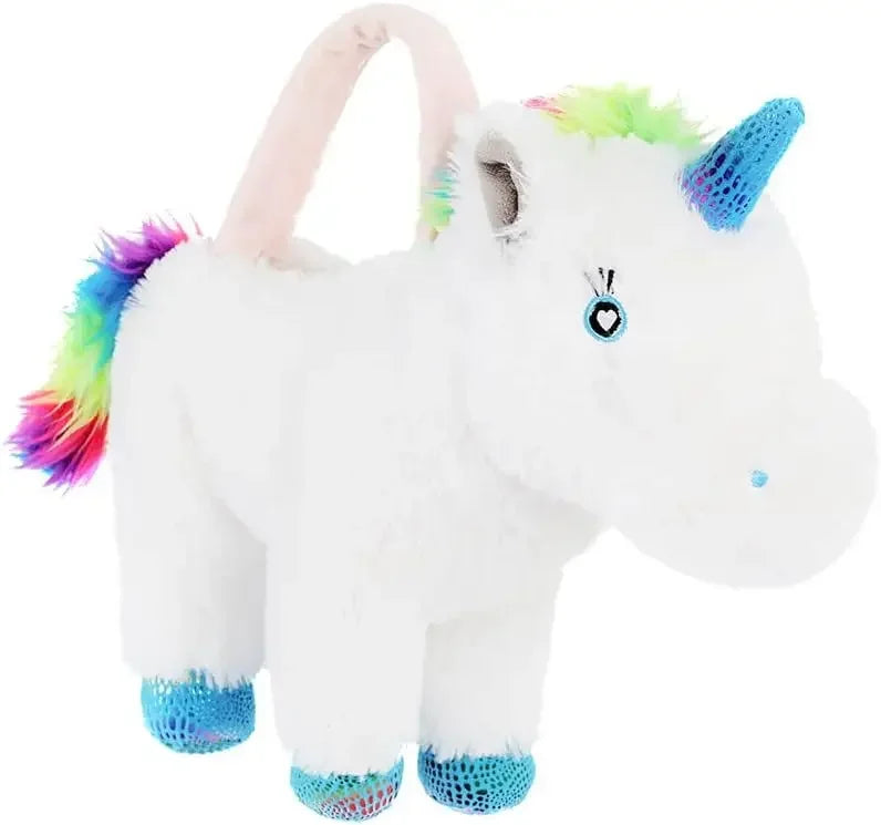 16" White Rainbow Mane Unicorn Toys Handbag - Soft Fluffy Unicorn Plush with a Unicorn Headband as Gifts