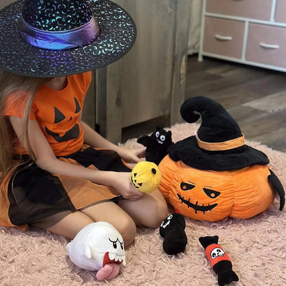 7Pcs Halloween Pumpkin Plush Toy, 21 Inch Big Pumpkin Stuffed Animal with Glow-in-Dark Small Plush Dolls Inside Pumpkin Bucket