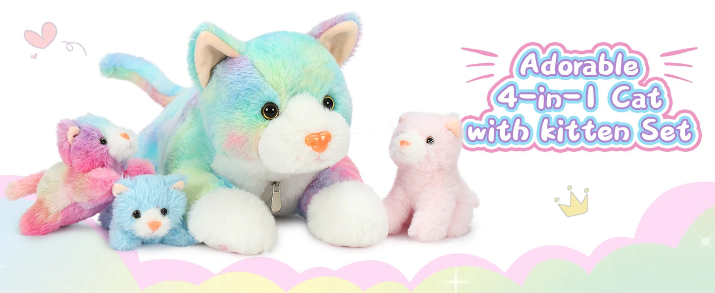4 Piece Cats Stuffed Animals,  Cute Rainbow Mom and Baby Stuffed Cats for Kids Girls Boys Gift for Valentines Birthday