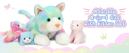 4 Piece Cats Stuffed Animals,  Cute Rainbow Mom and Baby Stuffed Cats for Kids Girls Boys Gift for Valentines Birthday