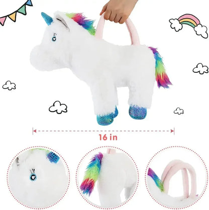 16" White Rainbow Mane Unicorn Toys Handbag - Soft Fluffy Unicorn Plush with a Unicorn Headband as Gifts
