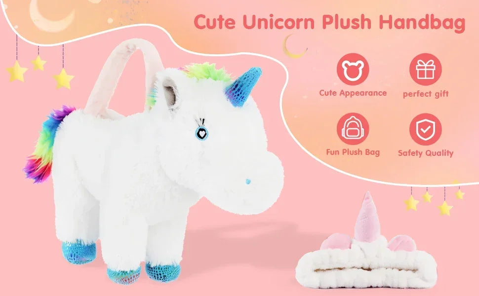 16" White Rainbow Mane Unicorn Toys Handbag - Soft Fluffy Unicorn Plush with a Unicorn Headband as Gifts