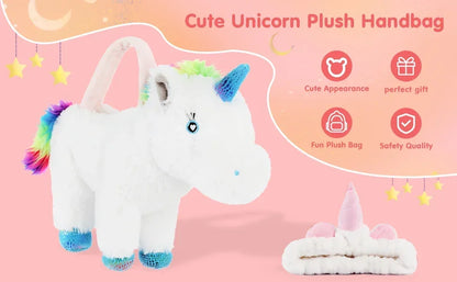 16" White Rainbow Mane Unicorn Toys Handbag - Soft Fluffy Unicorn Plush with a Unicorn Headband as Gifts