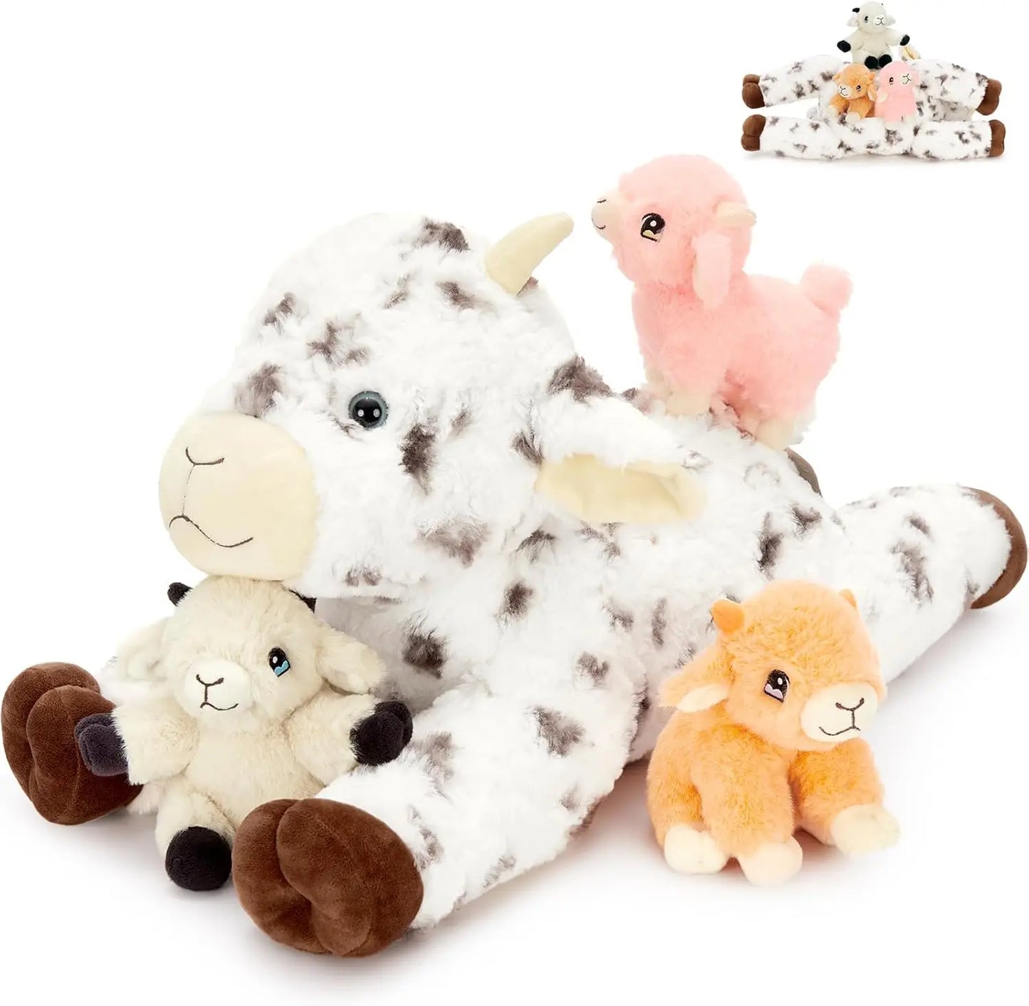 21.7 Inch Big Goat Stuffed Animal with 3 Cute Stuffed Goat Babies Inside for Age 3+ Kids, Goat Stuffed Goat Plush Toy Set