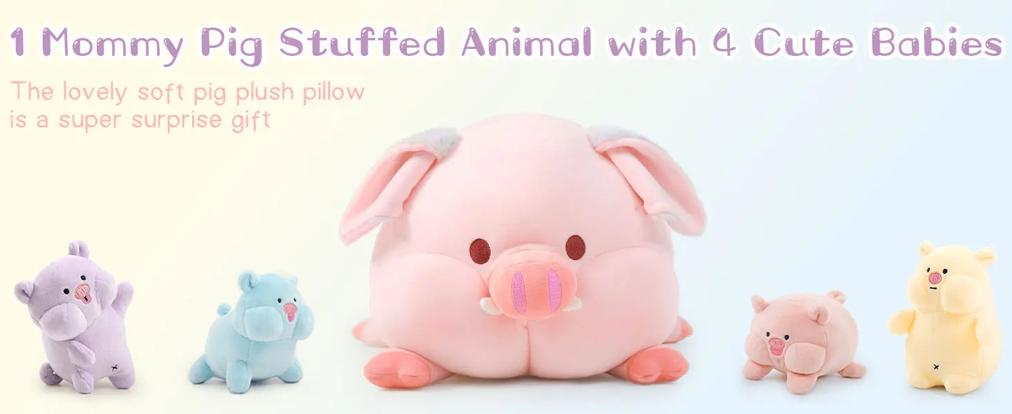 5 Pcs Pig Stuffed Animal with Babies, 19.6 inch Soft Cuddly Pig Plush Toy Set for Kids