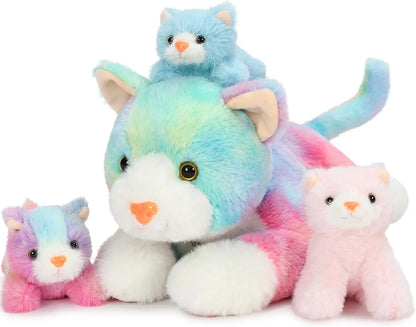 4 Piece Cats Stuffed Animals,  Cute Rainbow Mom and Baby Stuffed Cats for Kids Girls Boys Gift for Valentines Birthday