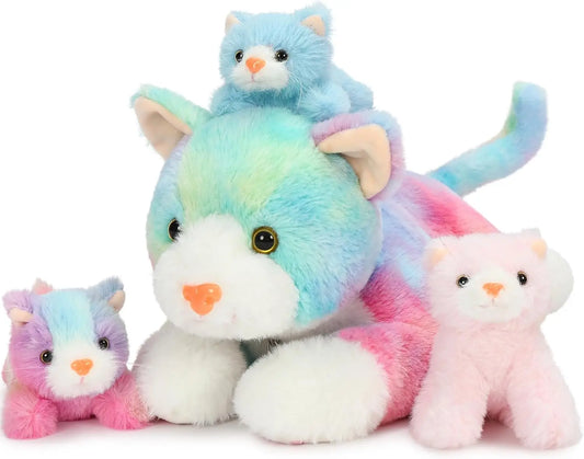 4 Piece Cats Stuffed Animals,  Cute Rainbow Mom and Baby Stuffed Cats for Kids Girls Boys Gift for Valentines Birthday