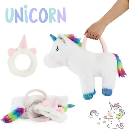 16" White Rainbow Mane Unicorn Toys Handbag - Soft Fluffy Unicorn Plush with a Unicorn Headband as Gifts