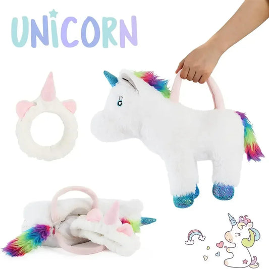 16" White Rainbow Mane Unicorn Toys Handbag - Soft Fluffy Unicorn Plush with a Unicorn Headband as Gifts