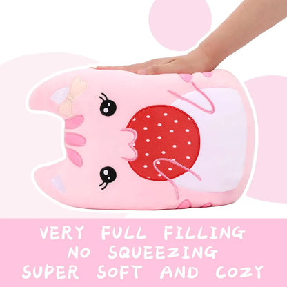 Soft Stuffed Animals Throw Pillow, Kawaii Pink Kitty Cat Eats Strawberry Cartoon Plush Toy Hugging Pillow, Great Gift for Kids