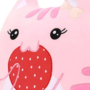 Soft Stuffed Animals Throw Pillow, Kawaii Pink Kitty Cat Eats Strawberry Cartoon Plush Toy Hugging Pillow, Great Gift for Kids