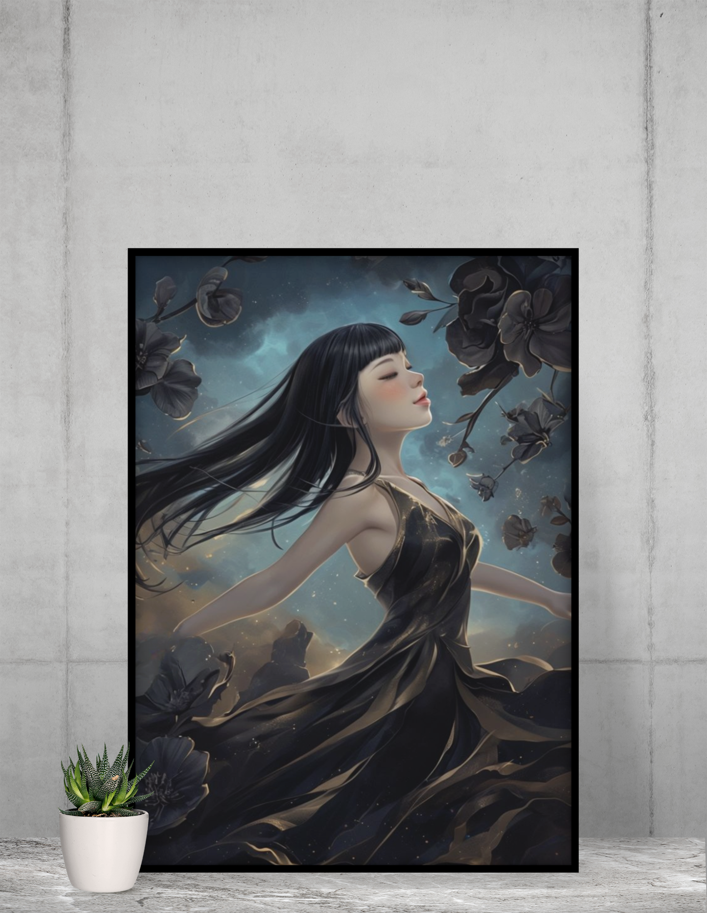 Vertical Poster - Girl Dancing Among Black Flowers