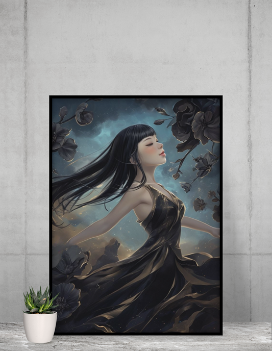 Vertical Poster - Girl Dancing Among Black Flowers