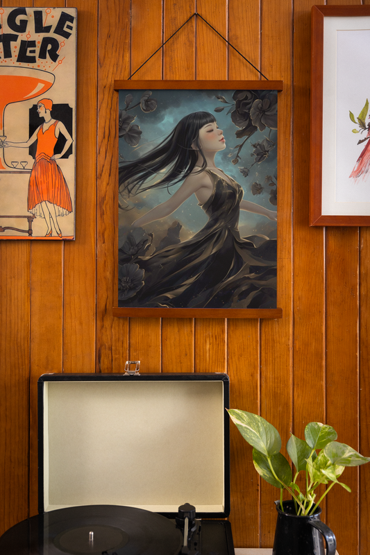 Vertical Poster - Girl Dancing Among Black Flowers
